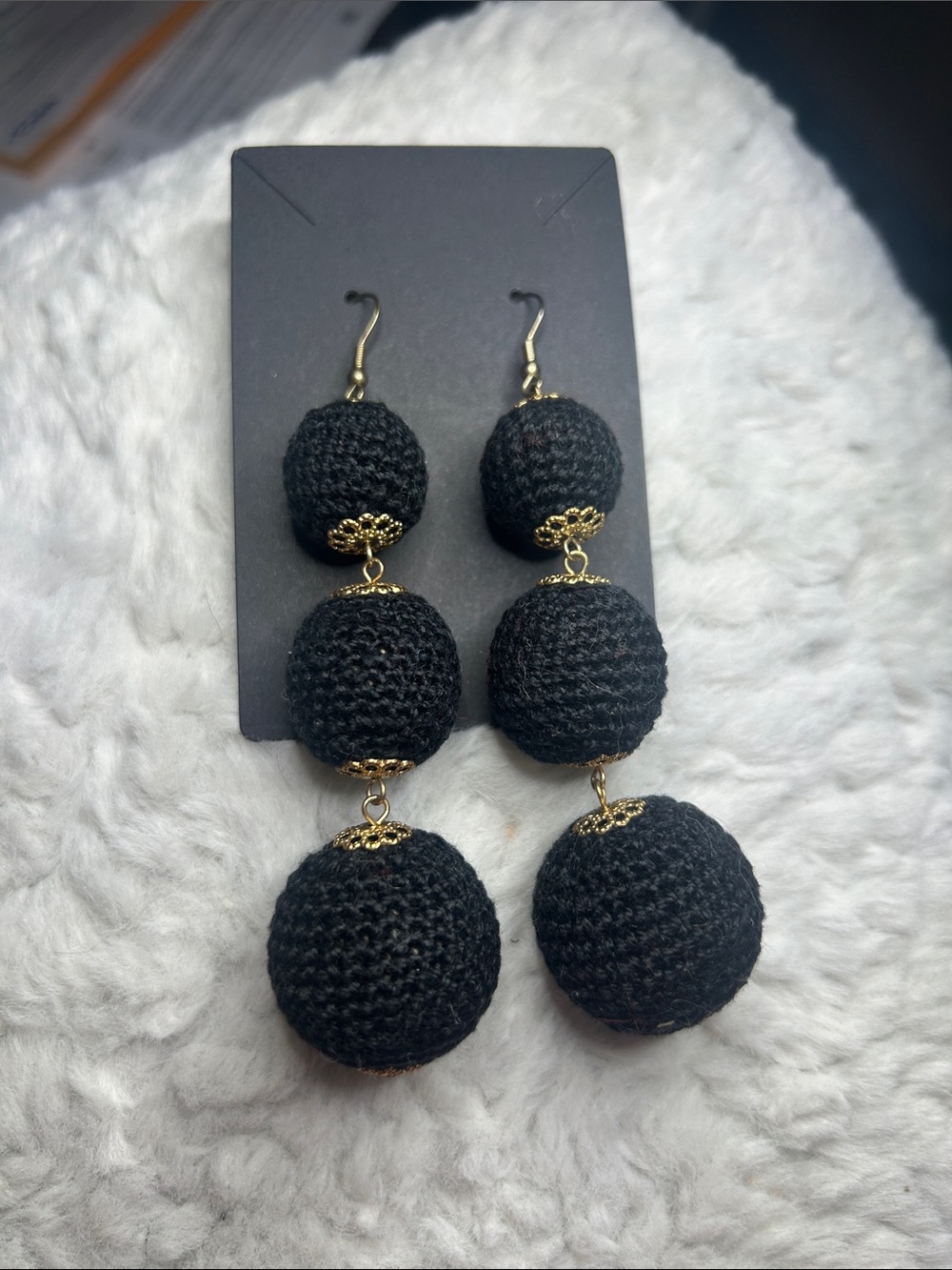 Handcrafted Black Crochet Triple Ball Drop Earrings - Gold Accents